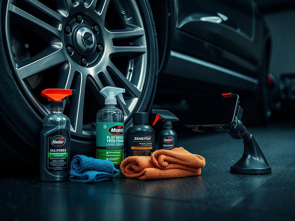 Car care sprays, cloths and a phone mount beside an alloy wheel