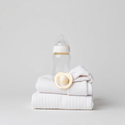 Baby feeding bottle, pacifier and folded baby clothes