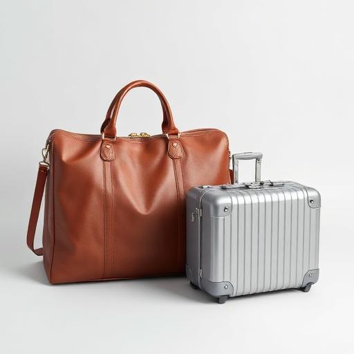 Leather handbag beside a small hard-shell suitcase