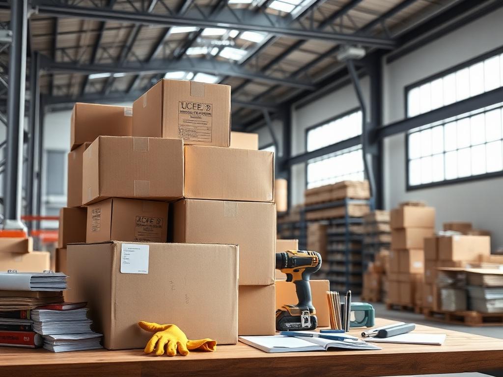 Stacked shipping boxes, a power drill and office stationery in a warehouse