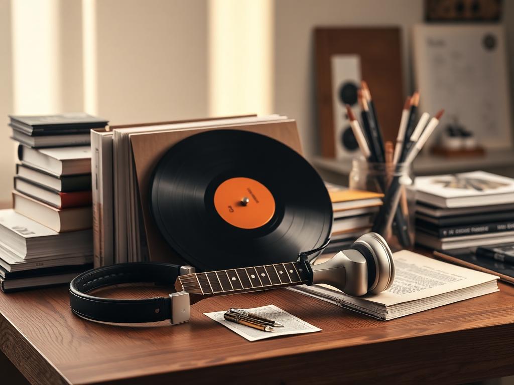 Books, a vinyl record, headphones and a guitar neck on a wooden desk