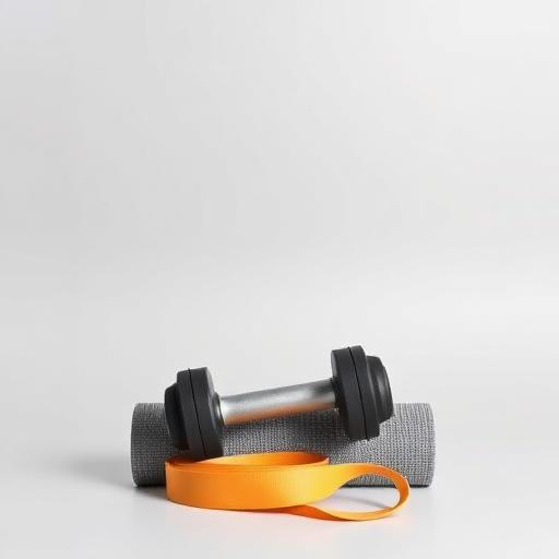 Dumbbell, resistance band and rolled yoga mat
