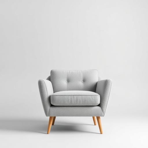Grey upholstered armchair with wooden legs