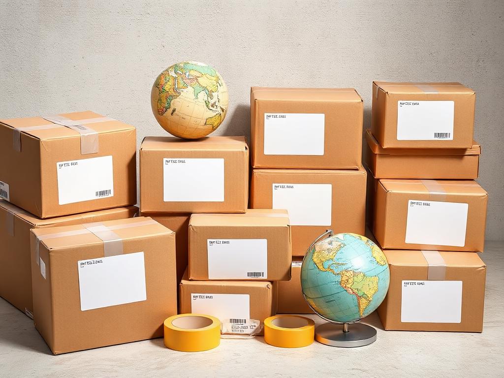 Parcel boxes with blank labels stacked around a globe