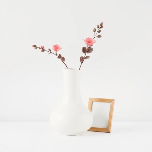 Ceramic vase with flowers and a wooden picture frame