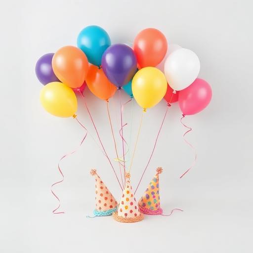 Colourful balloons with party hats and streamers