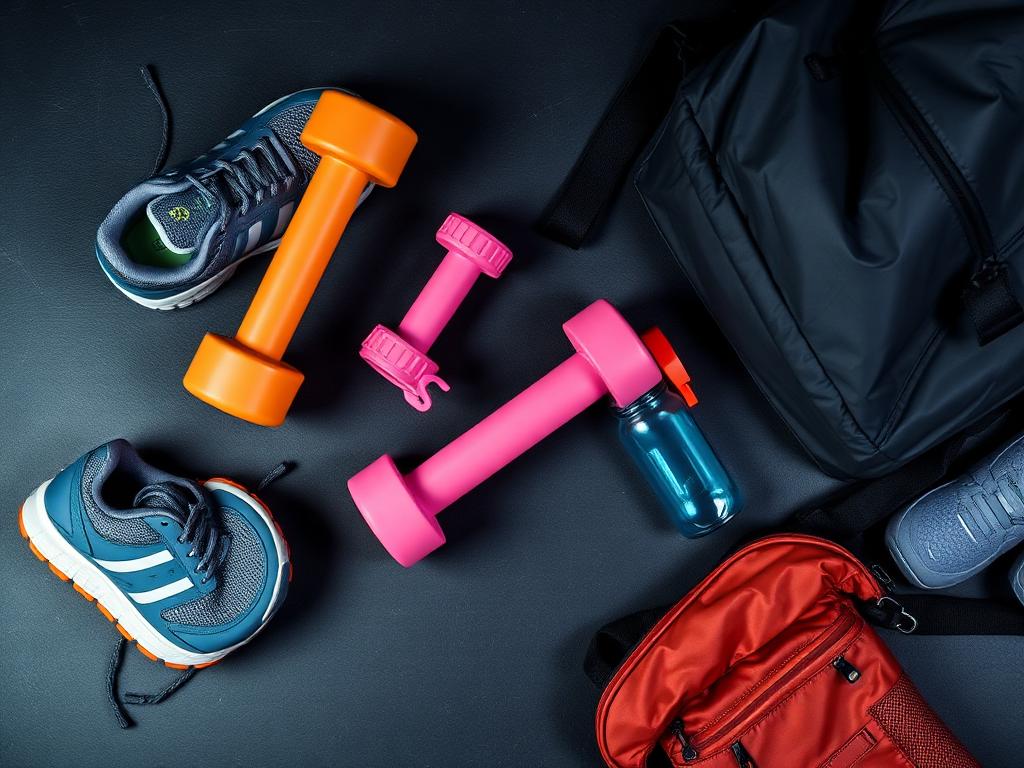 Running shoes, dumbbells, a water bottle and a sports backpack