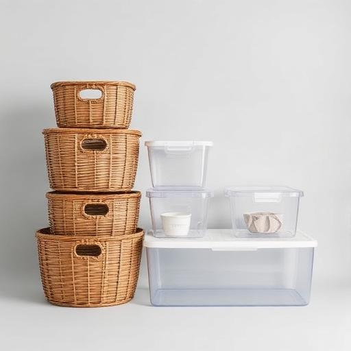 Stacked woven baskets and clear storage boxes