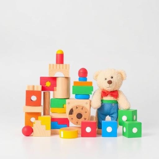 Wooden building blocks with a plush teddy bear